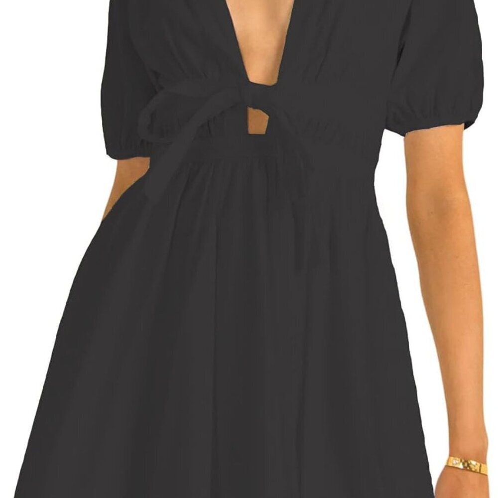 Women's Cotton Mini Dress Puff Sleeves Tie Waist Flared Summer Dress